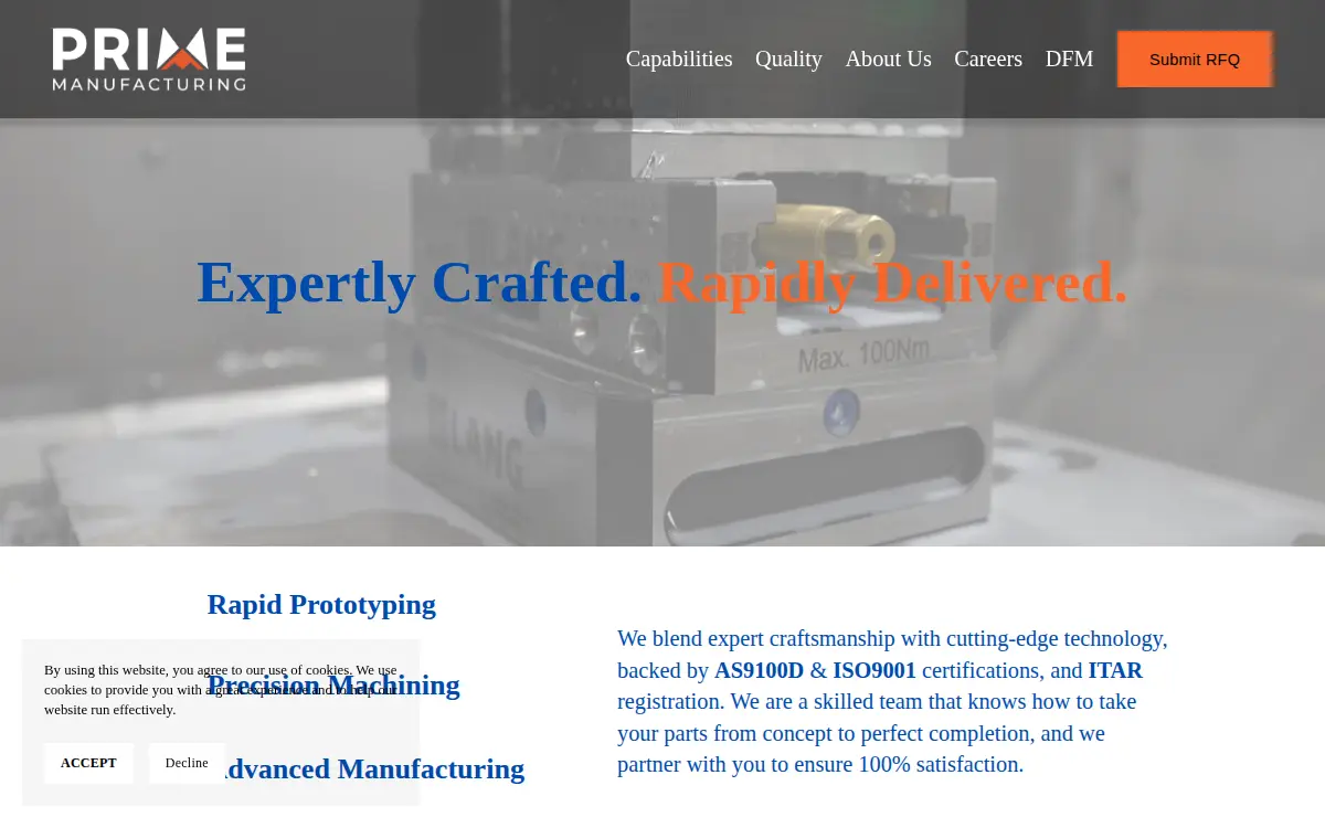 Homepage of Prime Manufacturing LLC