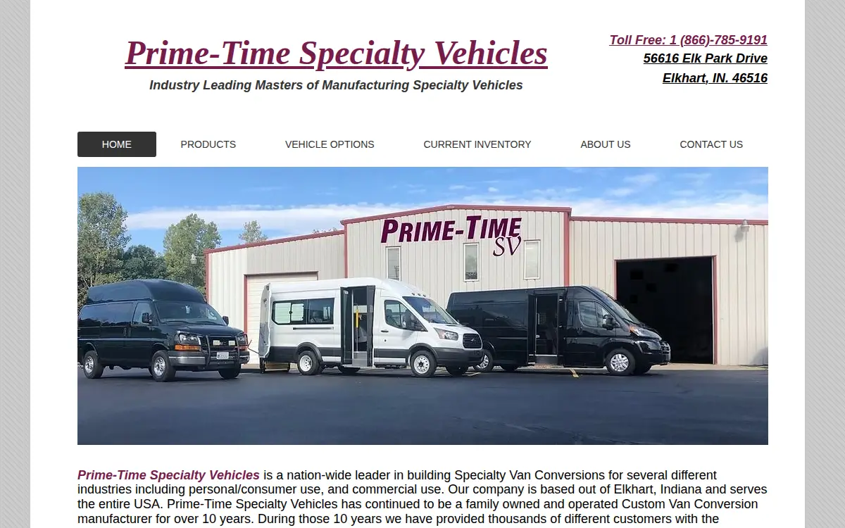 Homepage of Prime Time Specialty Vehicles, INC.
