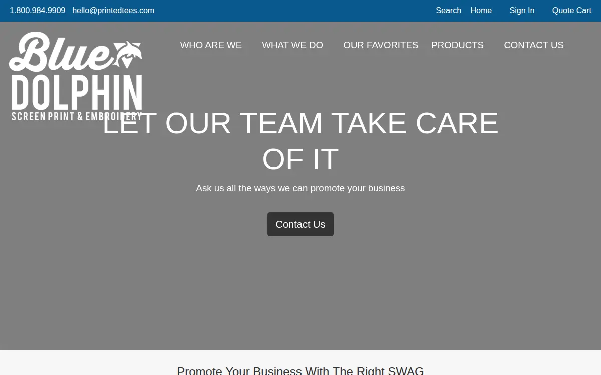 Homepage of Blue Dolphin Screenprint, INC.