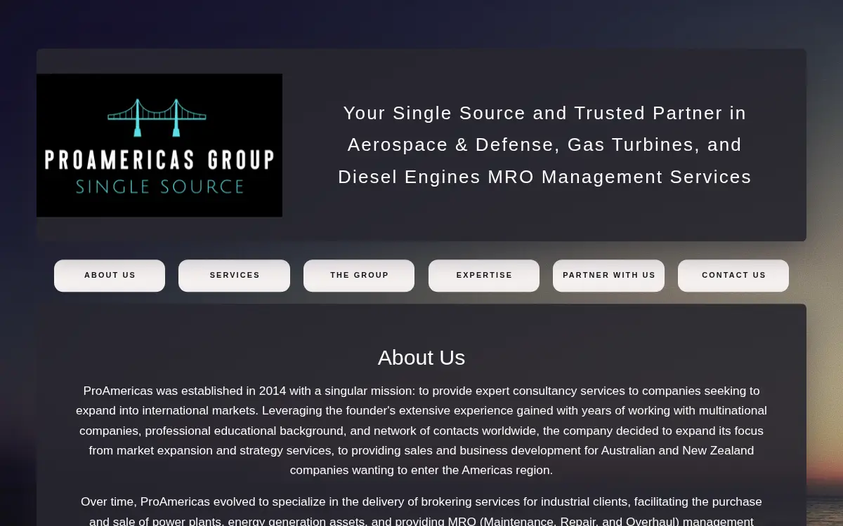 Homepage of Proamericas, LLC