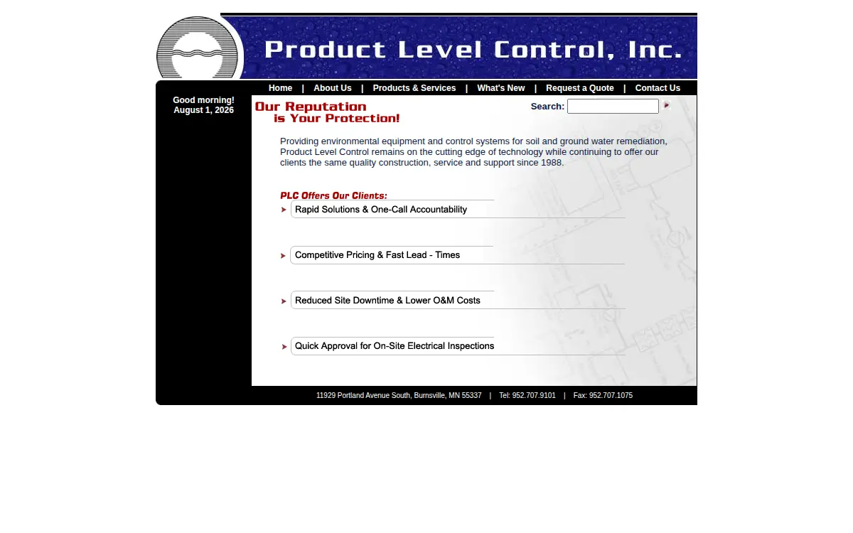 Homepage of Product Level Control, INC.