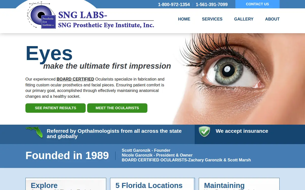 Homepage of Sng Labs Sng Prosthetic Eye Institute, INC
