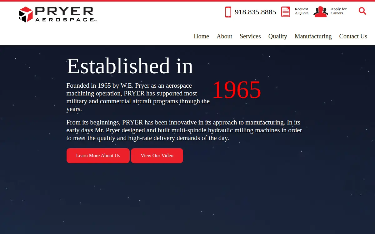 Homepage of Pryer Aerospace, LLC