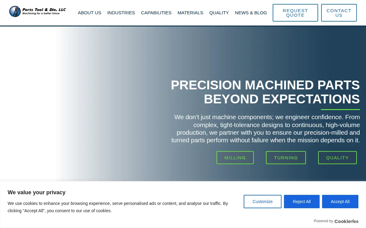 Homepage of Parts Tool & Die, LLC