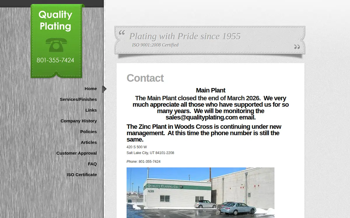 Homepage of Quality Plating CO