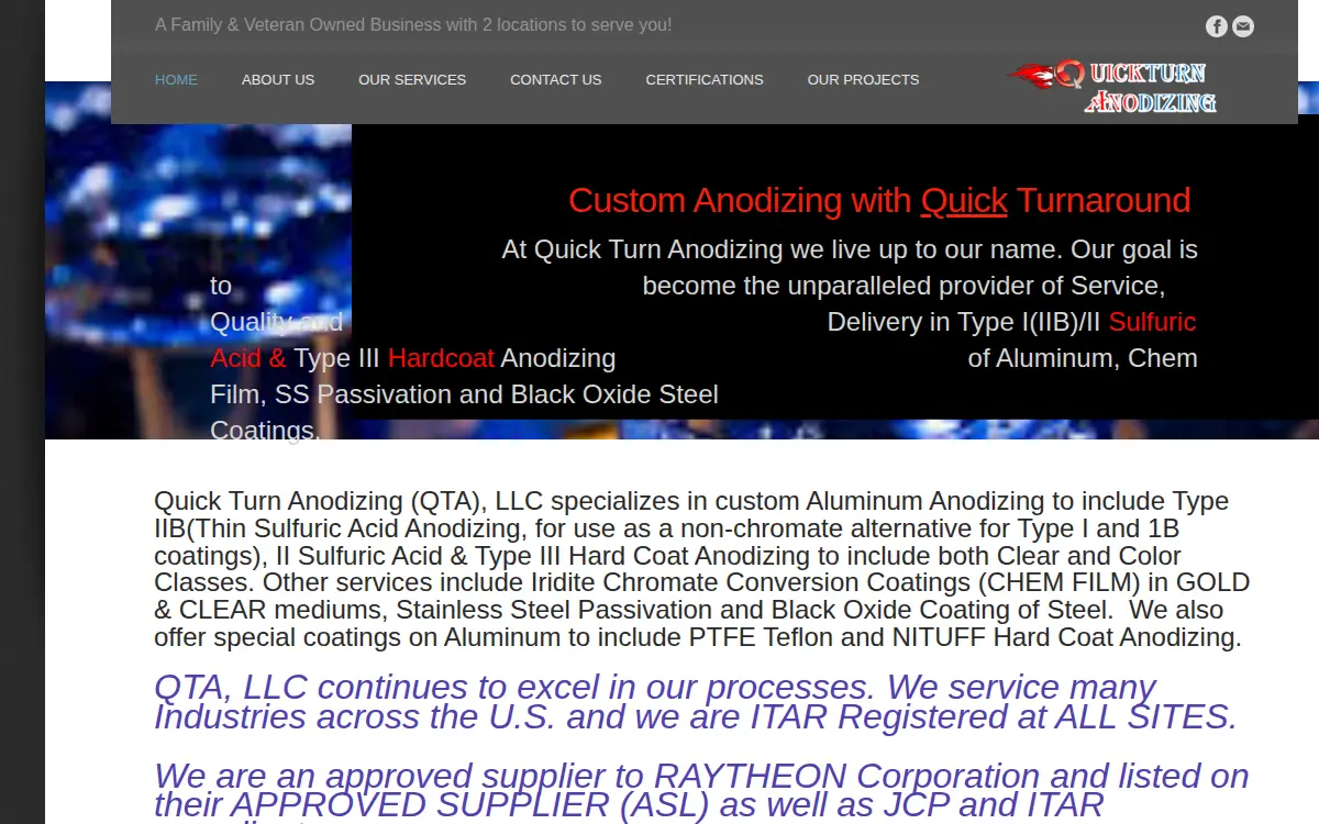 Homepage of Quick Turn Anodizing LLC
