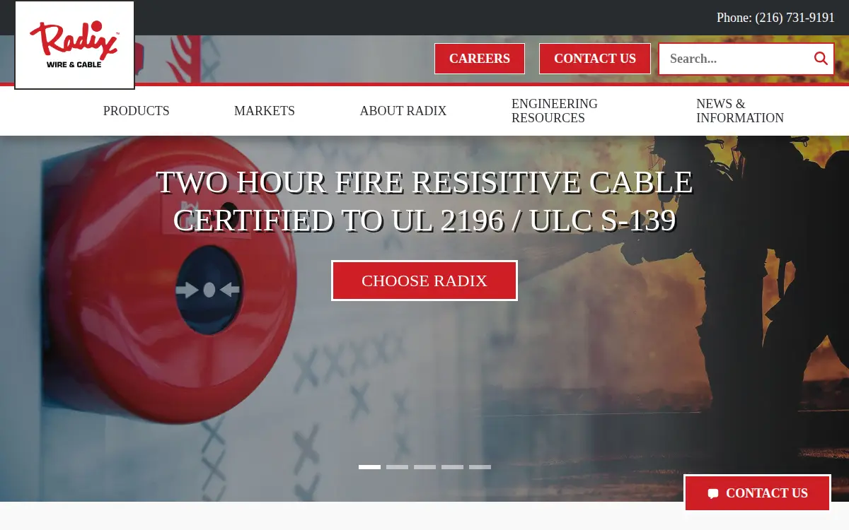 Homepage of Radix Wire & Cable, LLC