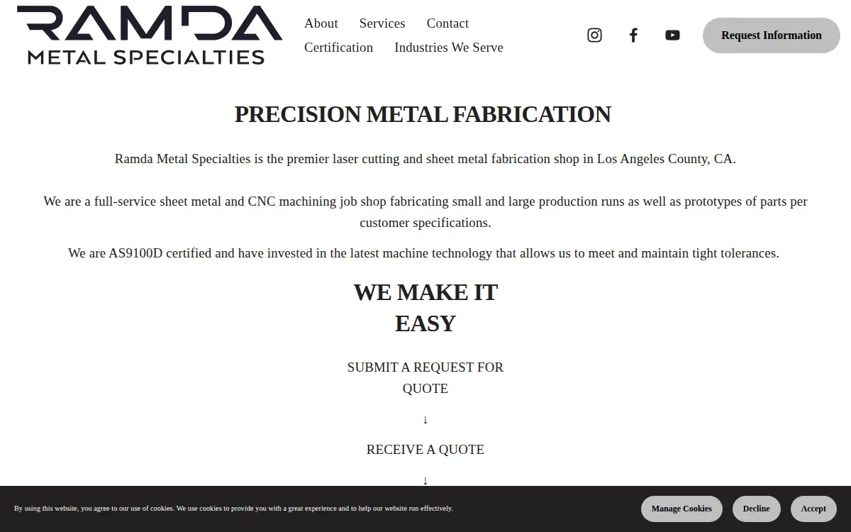 Homepage of Ramda Metal Specialties, INC.