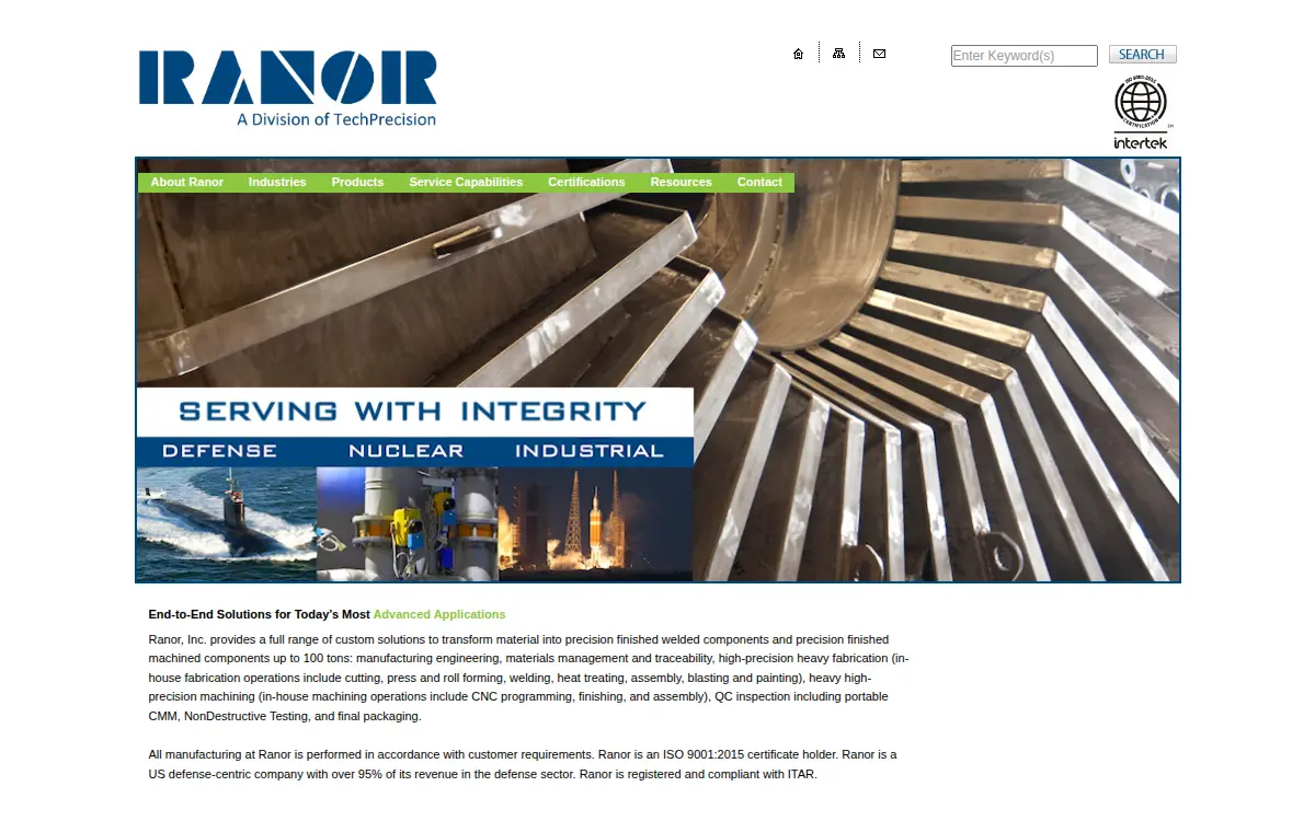 Homepage of Ranor INC.