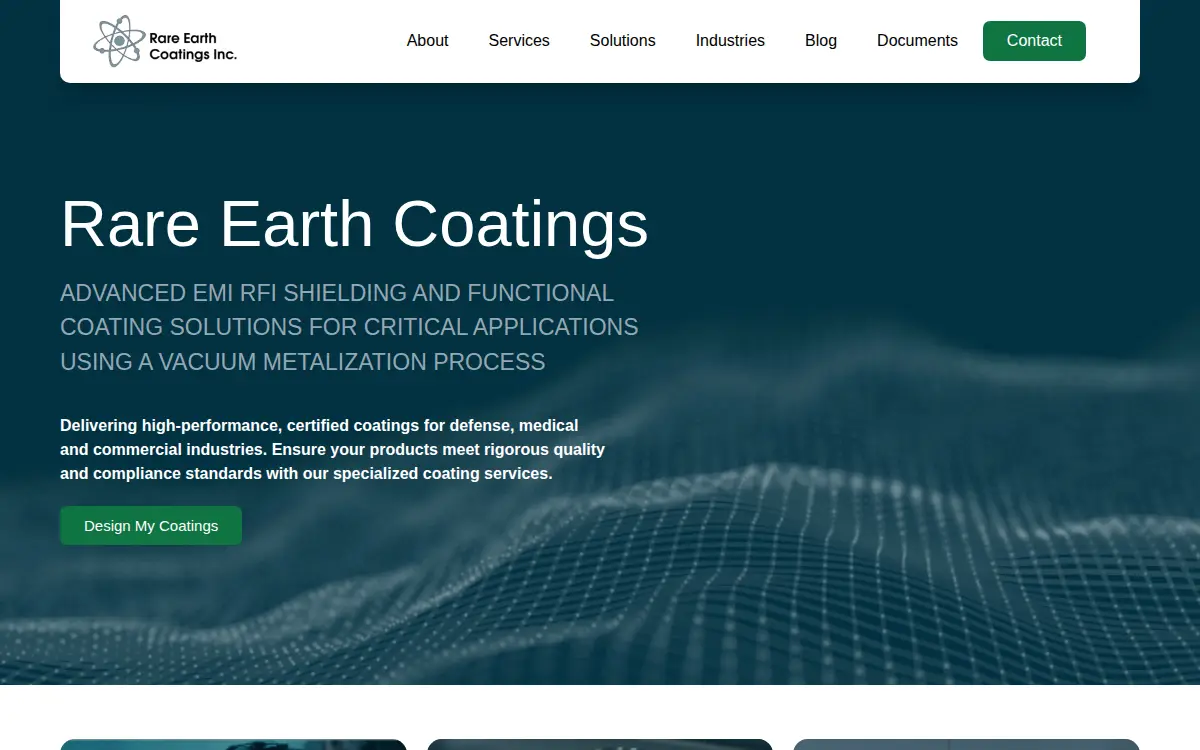Homepage of Rare Earth Coatings, INC.