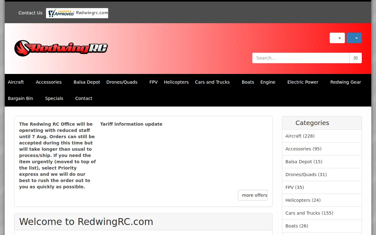 Homepage of Redwing Rc, LLC