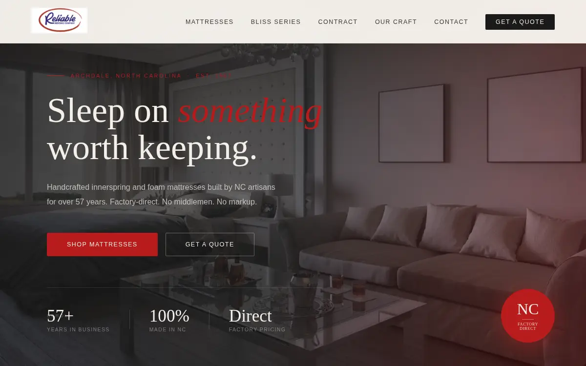 Homepage of Reliable Bedding Company