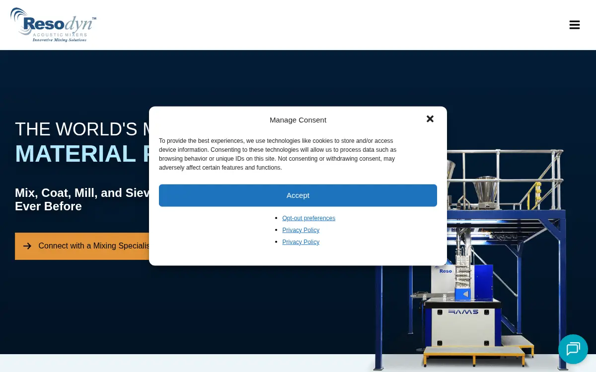 Homepage of Resodyn Acoustic Mixers, Incorporated