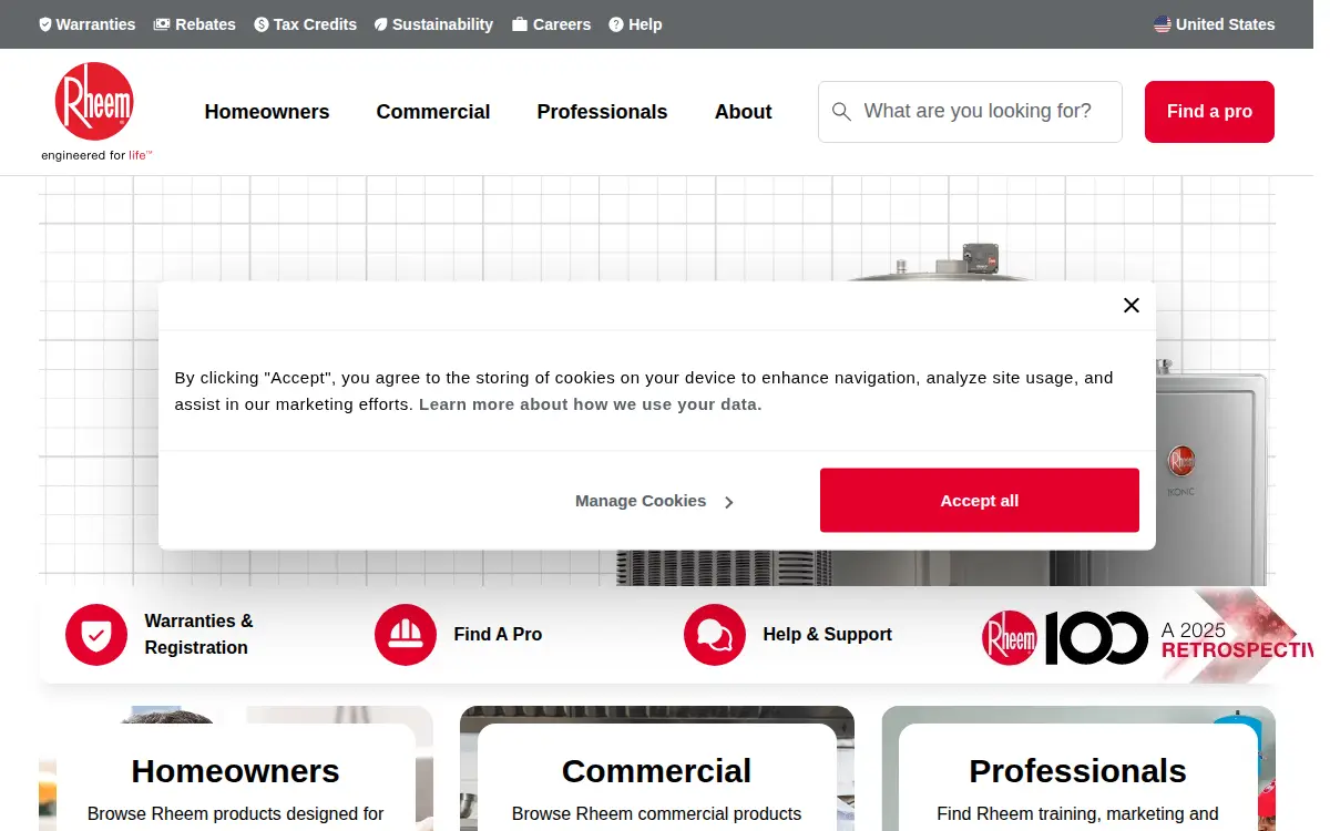 Homepage of Rheem Manufacturing Company