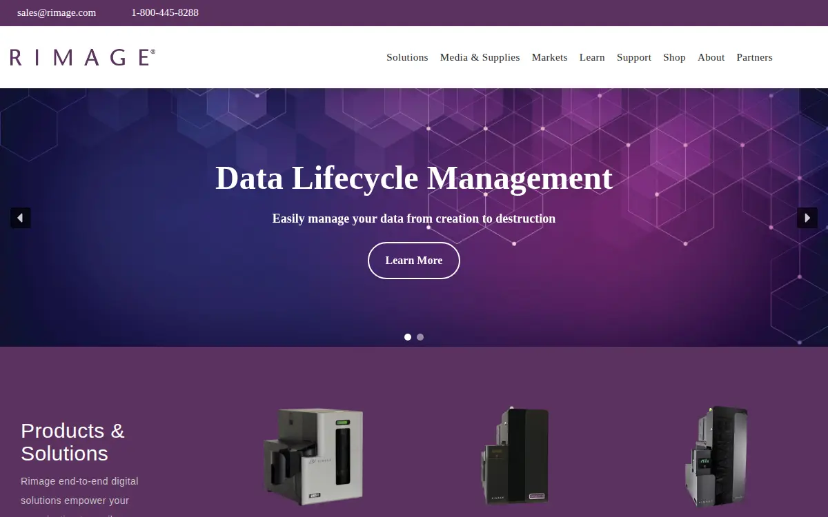 Homepage of Rimage Corporation