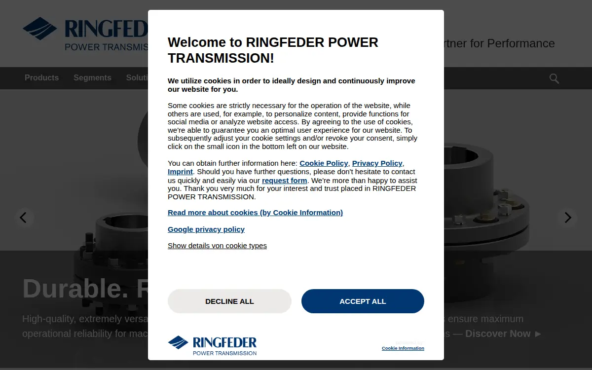 Homepage of Ringfeder Power Transmission USA CORP