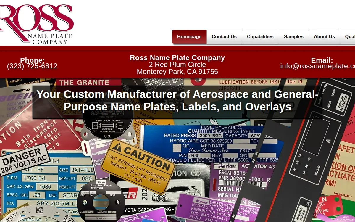 Homepage of Ross Name Plate Company
