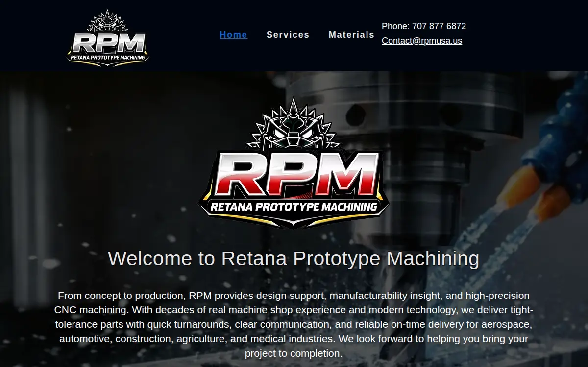 Homepage of Retana Prototype Machining LLC