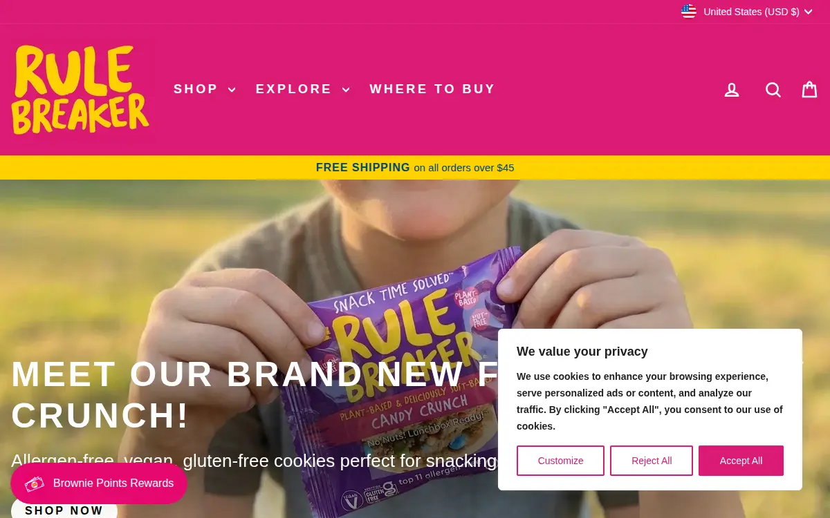 Homepage of Rule Breaker Snacks INC