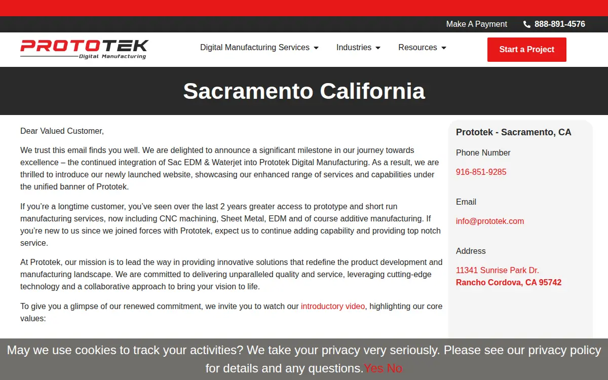 Homepage of Prototek Digital Manufacturing (sacramento) LLC