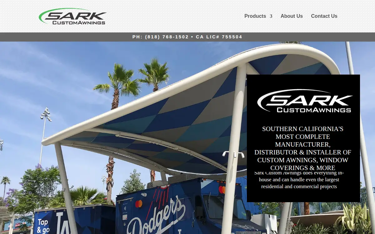 Homepage of Sark Custom Awnings & Window Coverings, INC.