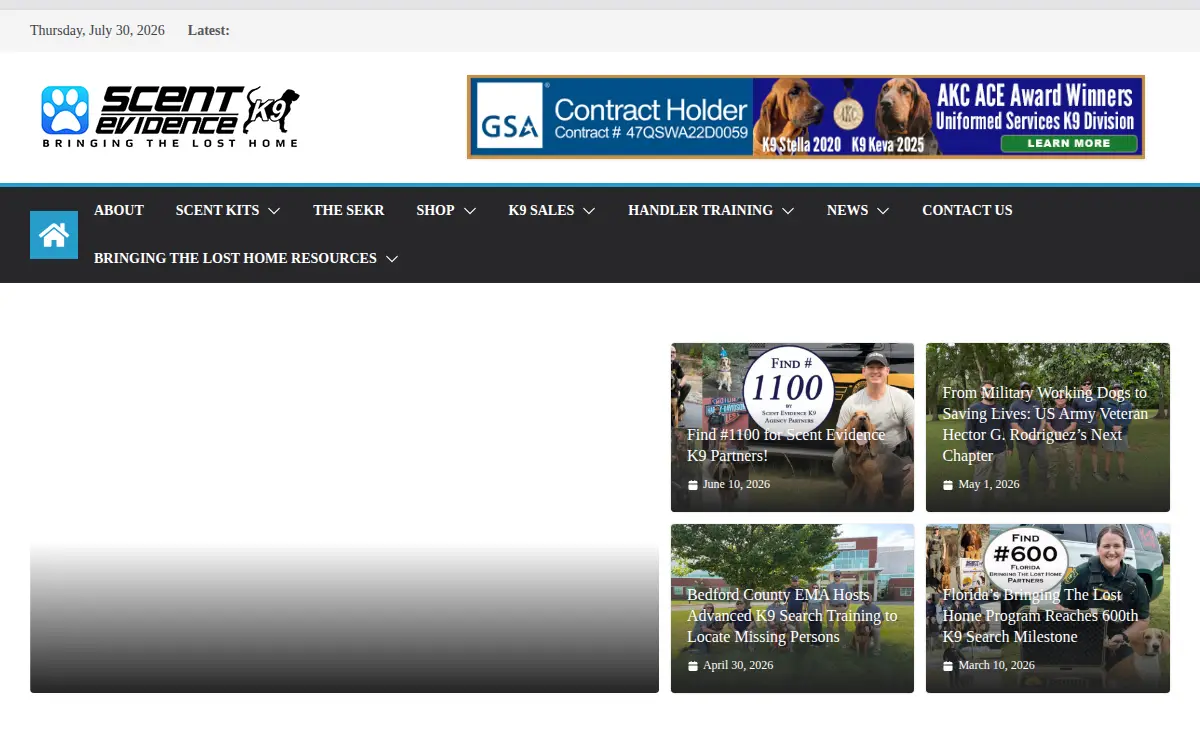 Homepage of Scent Evidence K-9, LLC