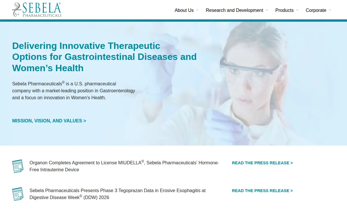 Homepage of Sebela Pharmaceuticals INC.