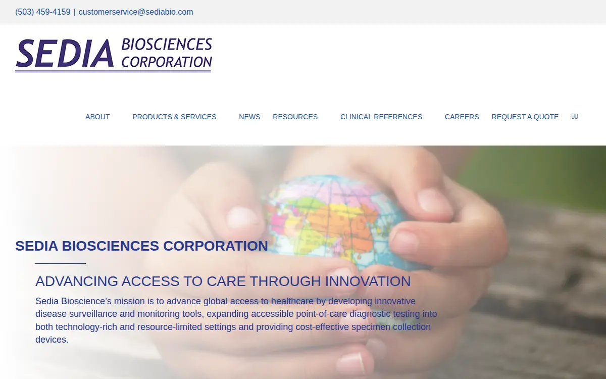 Homepage of Sedia Biosciences Corporation