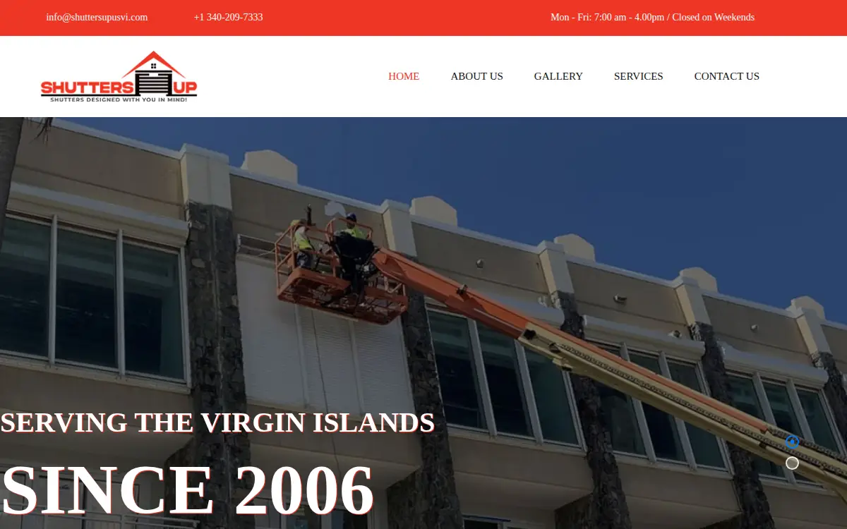 Homepage of Shutters Up Vi, LLC