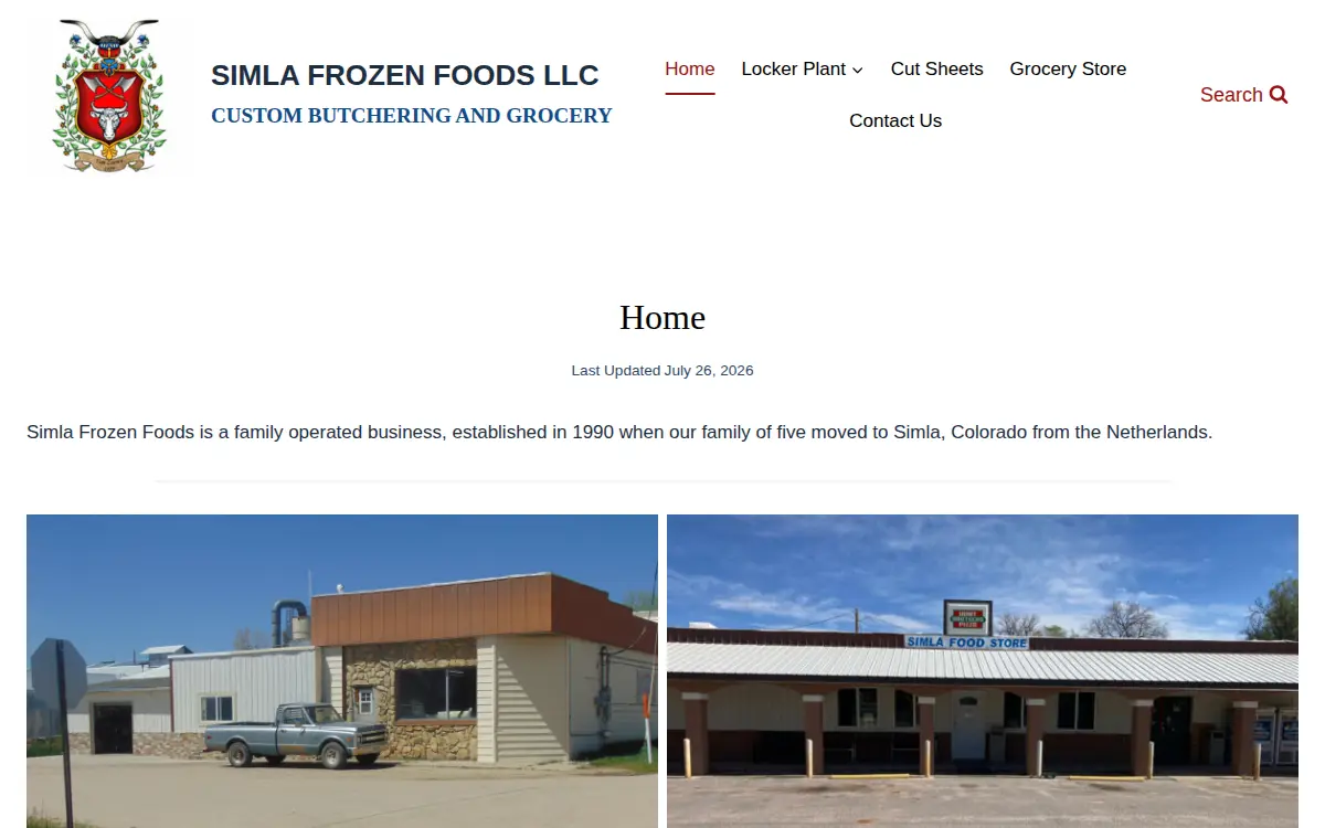 Homepage of Simla Frozen Food Locker Co., LLC