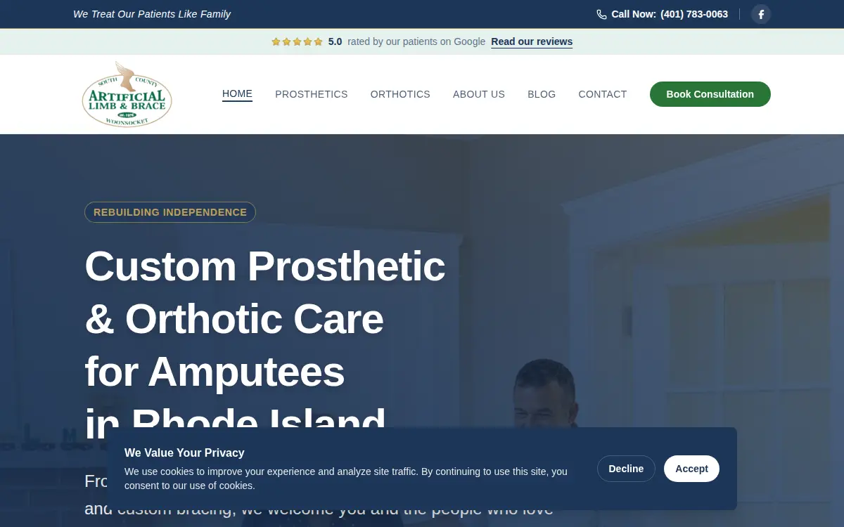 Homepage of South County Artificial Limb Company