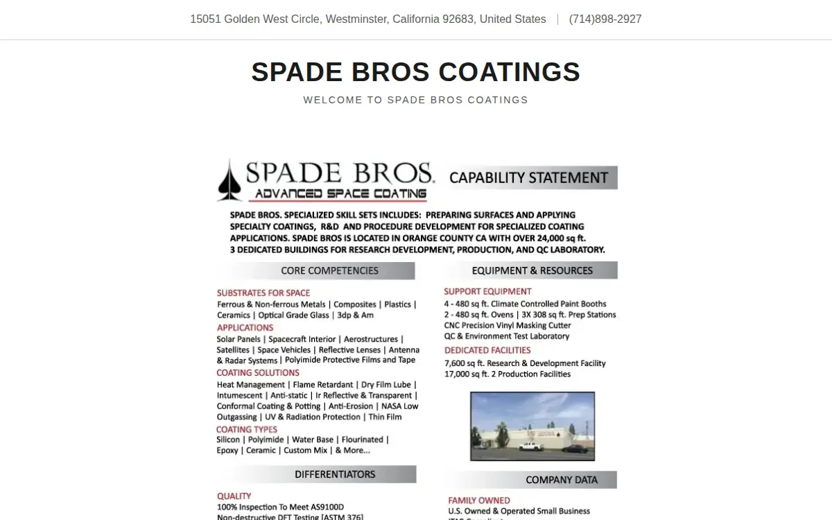 Homepage of Spade Bros. Advanced Space Coating LLC