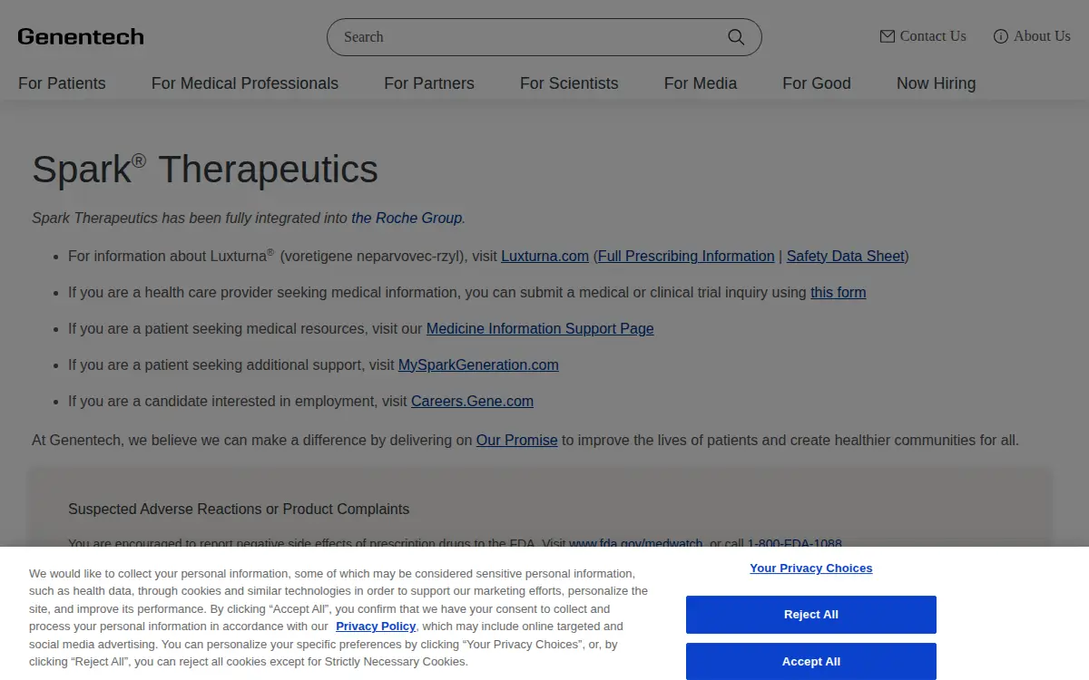 Homepage of Spark Therapeutics, INC.