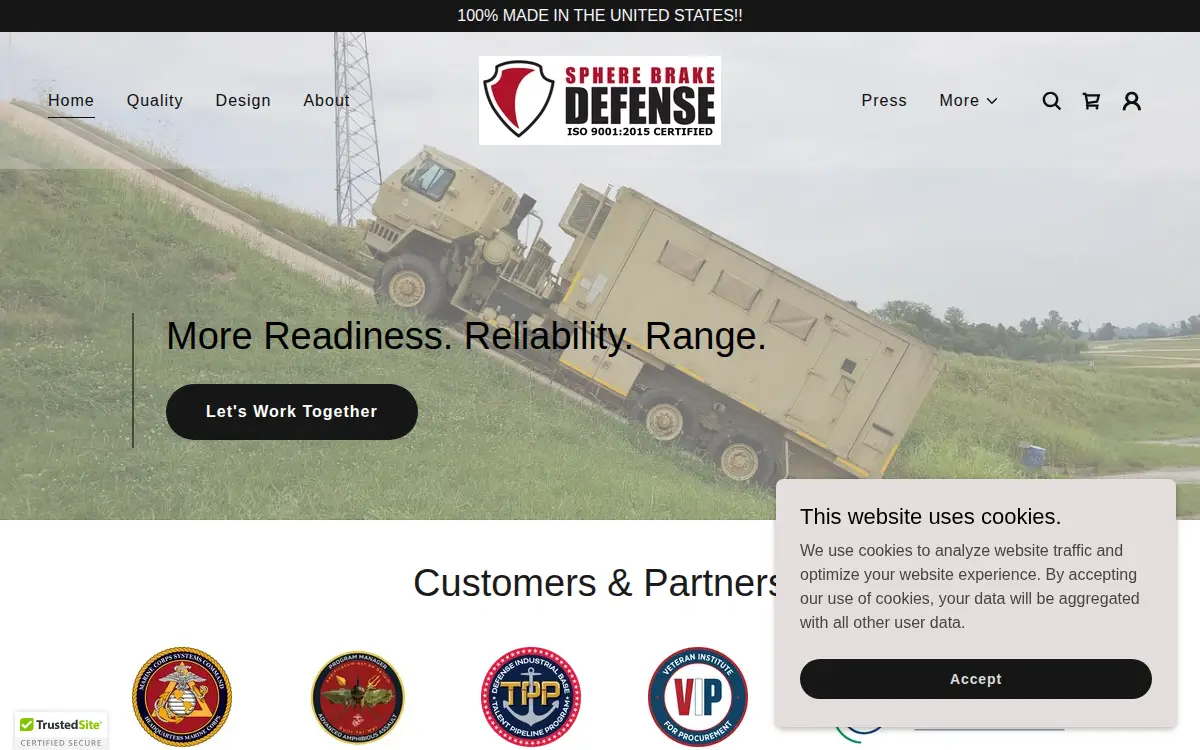 Homepage of Sphere Brake Defense, INC