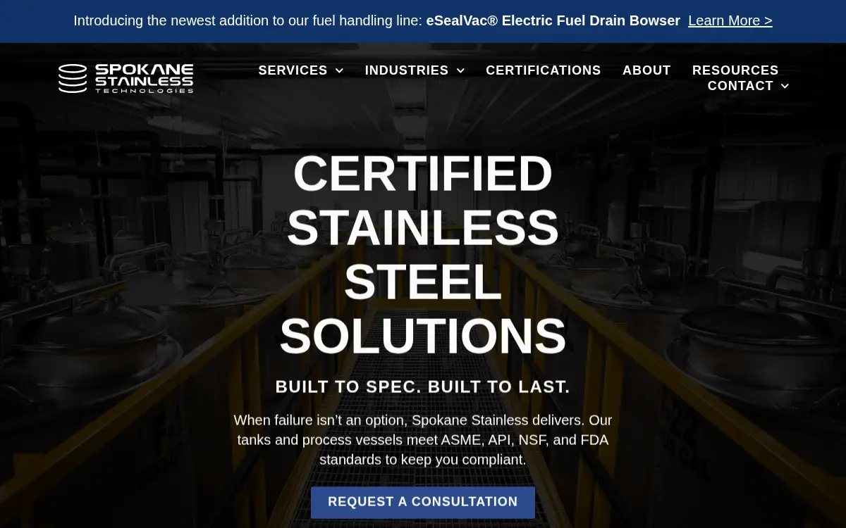 Homepage of Spokane Stainless Technologies, INC.