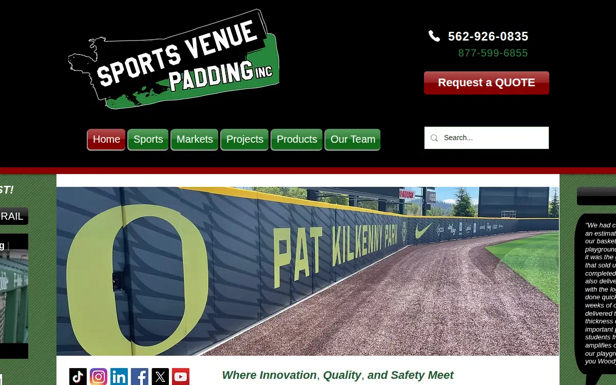 Homepage of Sports Venue Padding, INC.