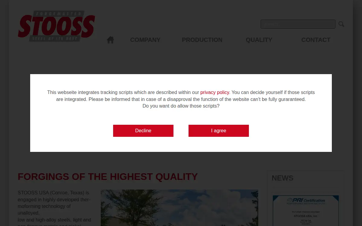 Homepage of Stooss Usa, INC.