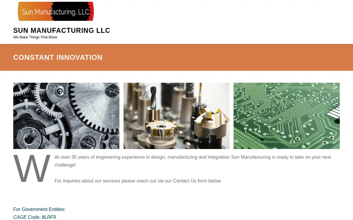 Homepage of Sun Manufacturing, LLC