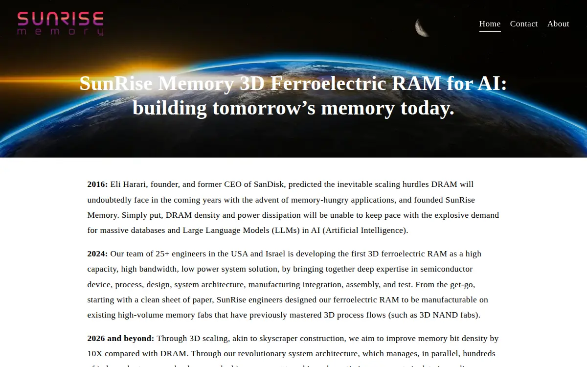 Homepage of Sunrise Memory CORP