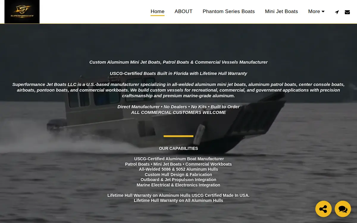 Homepage of Superformance Jet Boats LLC