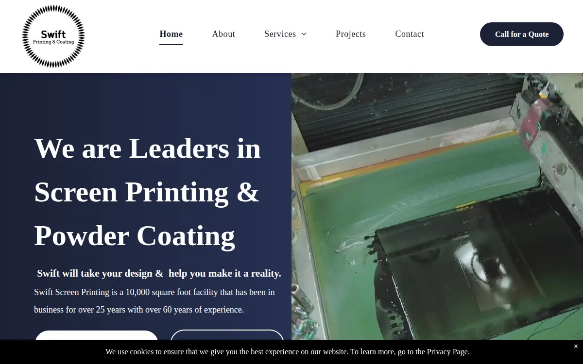 Homepage of Swift Screen Printing, INC.