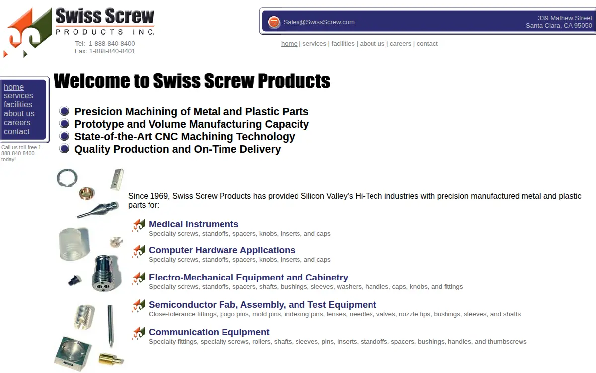 Homepage of Swiss Screw Products, Incorporated