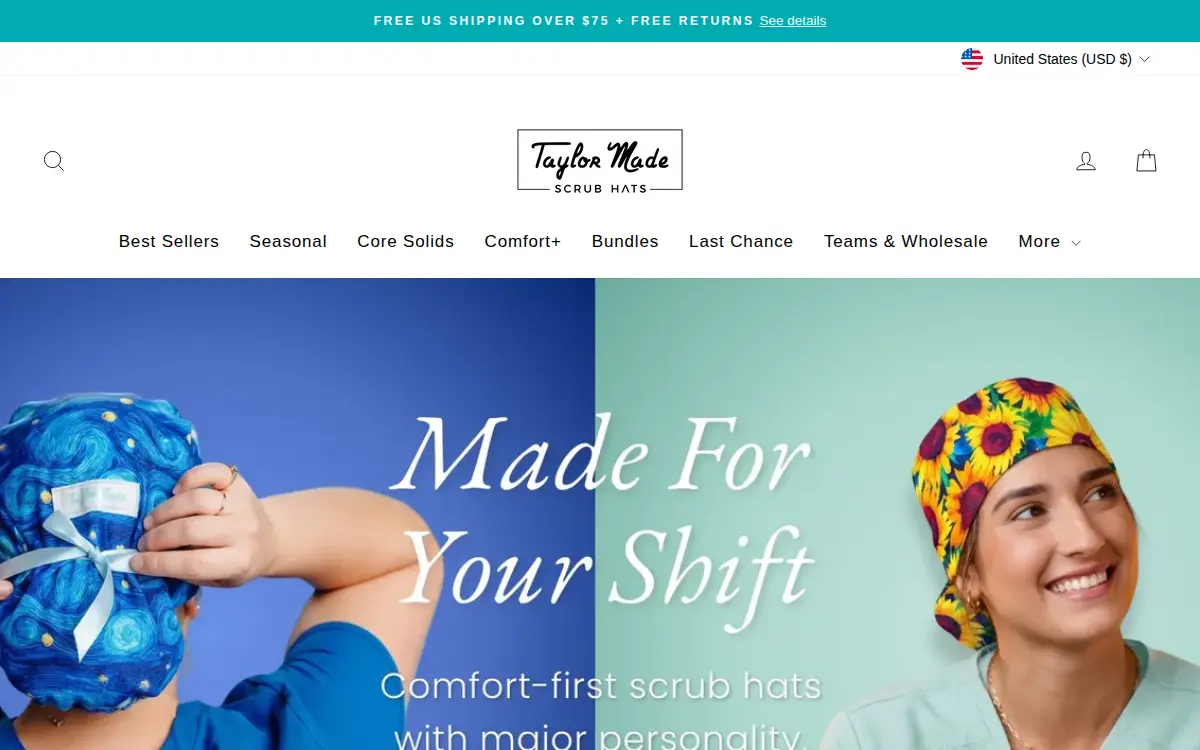 Homepage of Taylor Made Scrub Hats LLC