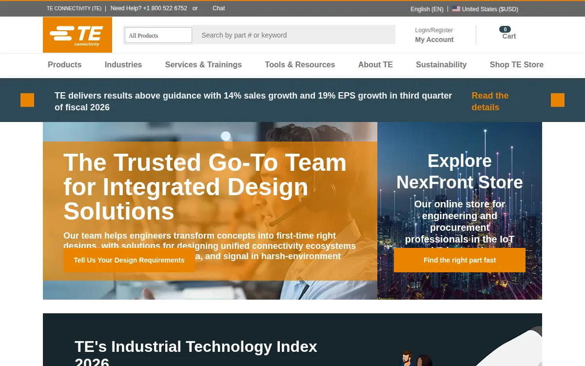 Homepage of Te Connectivity Corporation