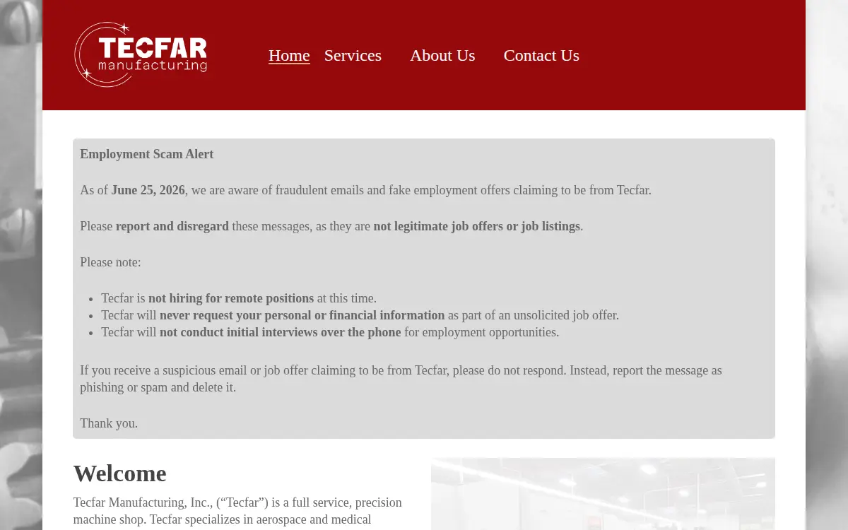 Homepage of Tecfar Manufacturing, INC.
