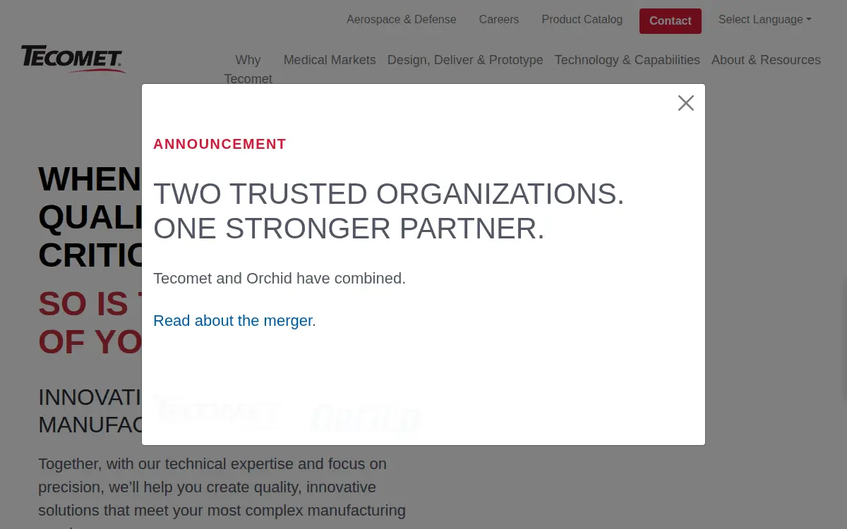 Homepage of Tecomet, INC
