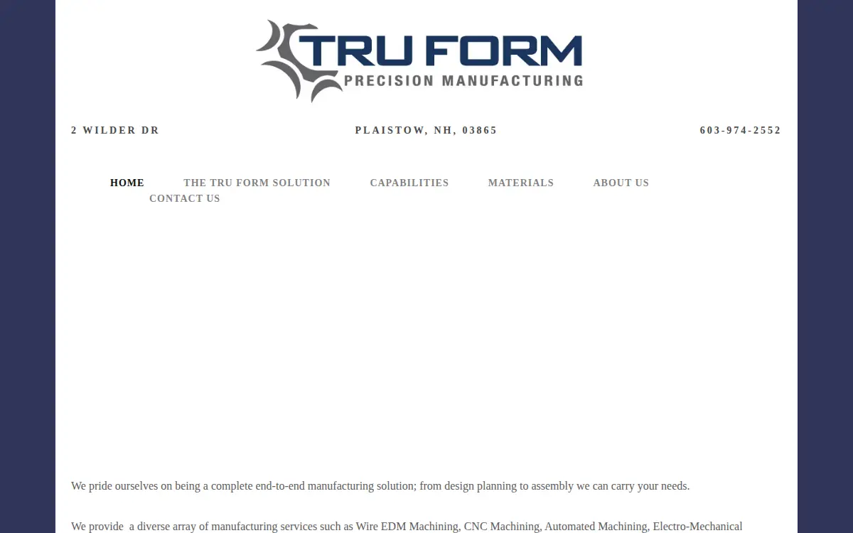 Homepage of Tru Form Precision Manufacturing, LLC