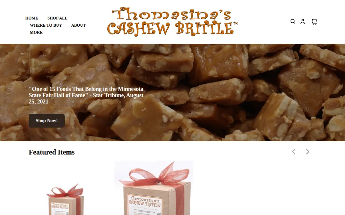 Homepage of Thomasina's Cashew Brittle INC