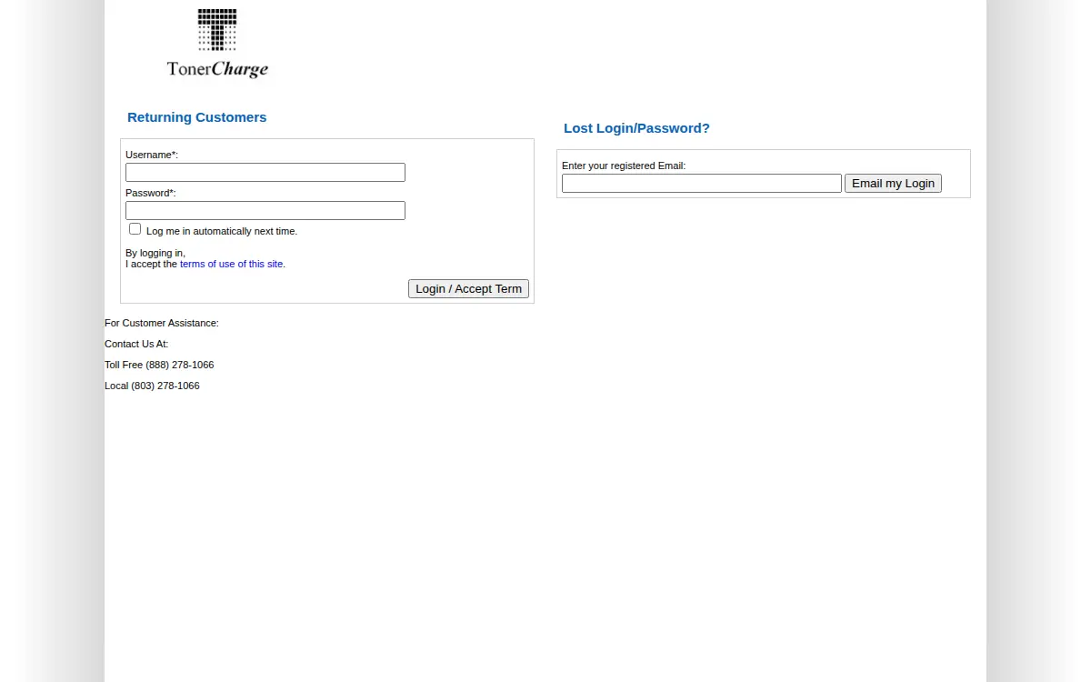 Homepage of Toner Charge Corporation