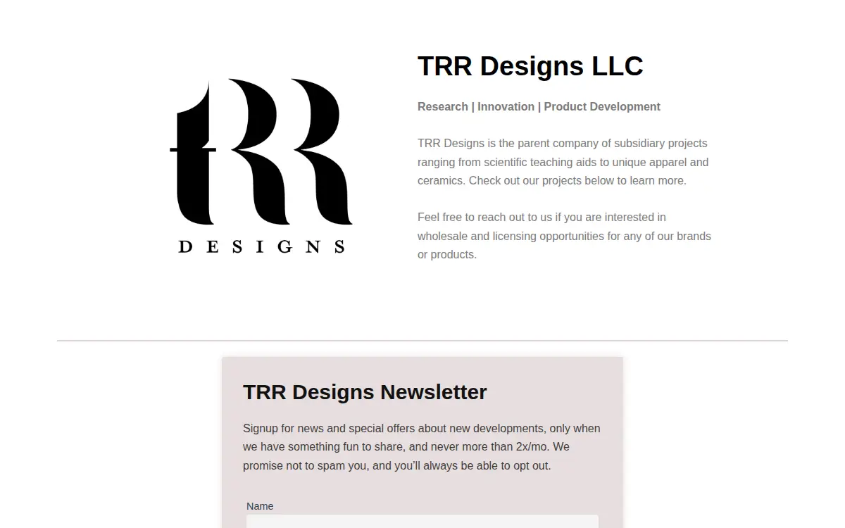 Homepage of T.r.r. Designs, L.l.c.